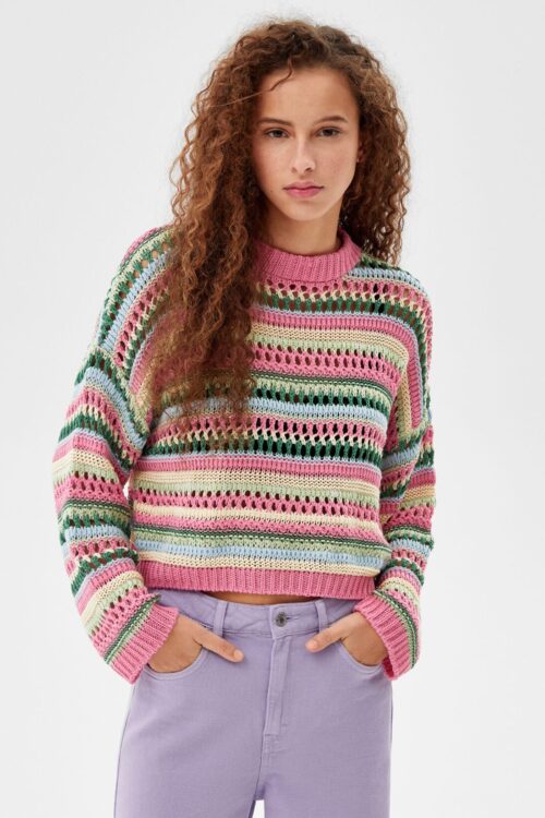 Pull à mailles multicolores col rond