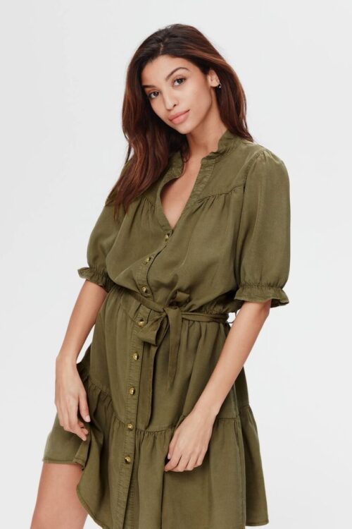 Robe Olive avec Ceinture et Manches Bouffantes