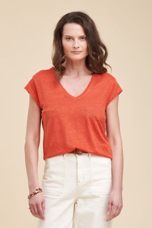 T-shirt Col V Orange en Lin