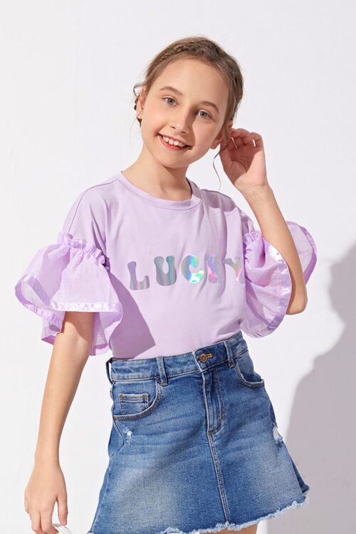 T-shirt lilas « LUCKY » avec manches volantées